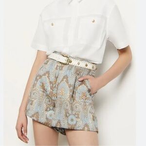 Sandro Paris Blue and Gold Metallic Jacquard Brocade High Waist Shorts
